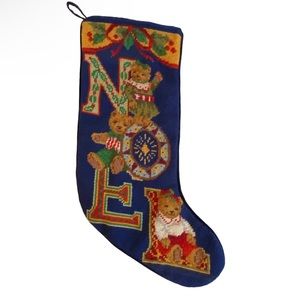 VTG Christmas Wool/Cotton Needlepoint Noel Bear Christmas Stocking